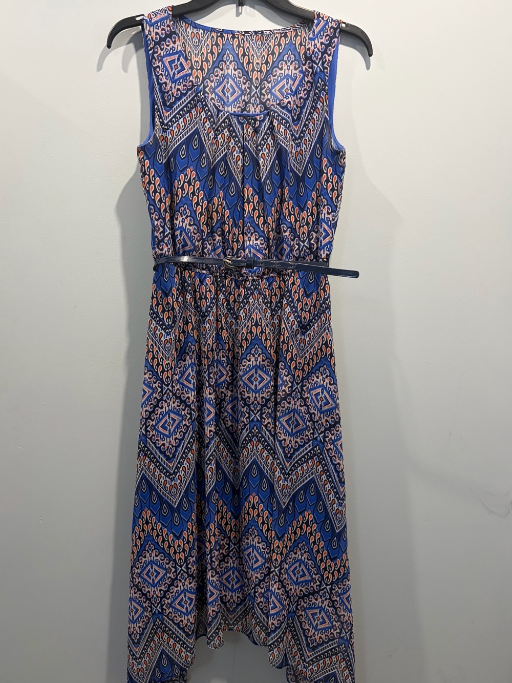 AB Studio Blue Boho Paisley Print Belted Asymmetrical Midi Dress Sz S